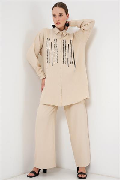 Desenli Tunik Pantolon İkili Takım 6720 - Krem