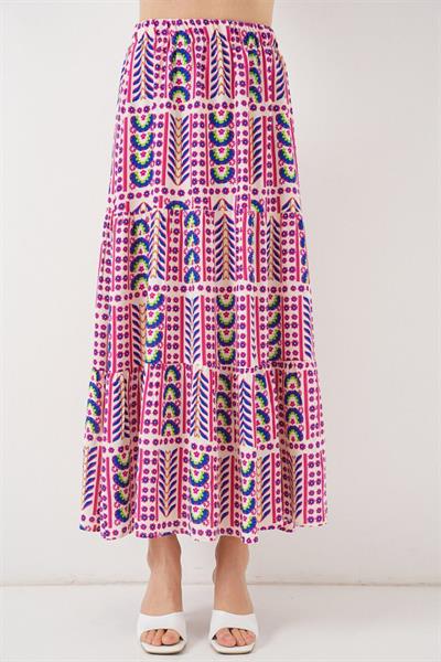 Desenli Uzun Etek 8053 - Fuşya