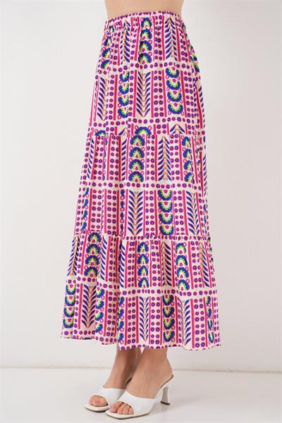 Desenli Uzun Etek 8053 - Fuşya