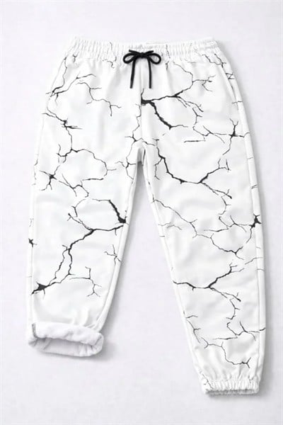 Dijital Baskılı Eşofman Altı Kışlık Üç İplik Şardonlu Kumaş Lastikli Paça, Cepli, Rahat Kalıp - Beyaz