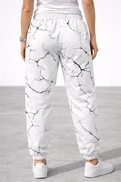 Dijital Baskılı Eşofman Altı Kışlık Üç İplik Şardonlu Kumaş Lastikli Paça, Cepli, Rahat Kalıp - Beyaz