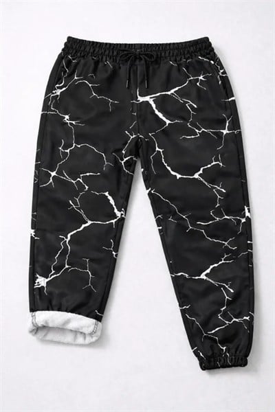 Dijital Baskılı Eşofman Altı Kışlık Üç İplik Şardonlu Kumaş Lastikli Paça, Cepli, Rahat Kalıp - Siyah