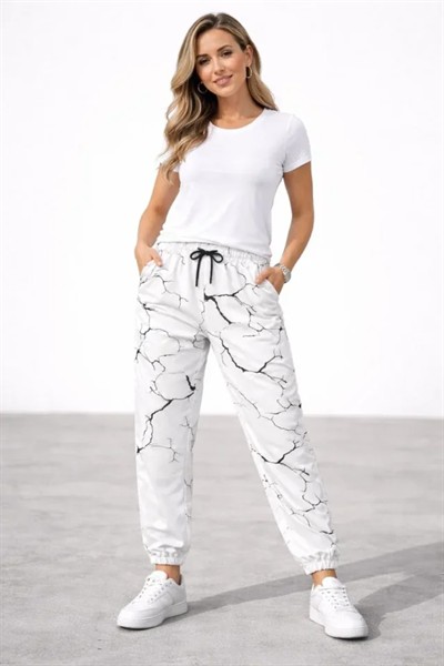 Dijital Baskılı Eşofman Altı Kışlık Üç İplik Şardonlu Kumaş Lastikli Paça, Cepli, Rahat Kalıp - Beyaz