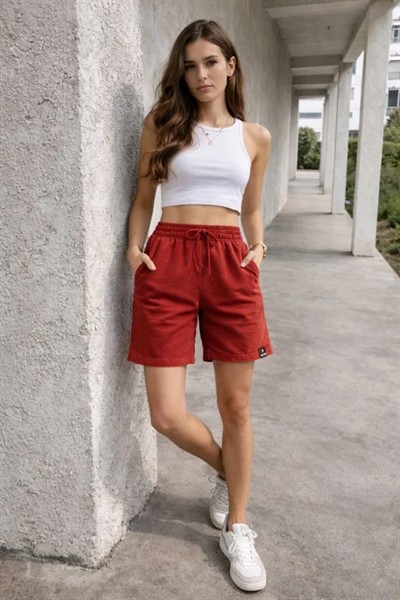 Dokuma Otoban Şort Beli Lastikli Bağcıklı, Cepli, Rahat Kesim Günlük Yazlık Şort - Turuncu