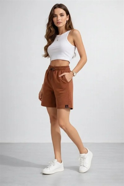 Dokuma Otoban Şort Beli Lastikli Bağcıklı, Cepli, Rahat Kesim Günlük Yazlık Şort - Kahverengi