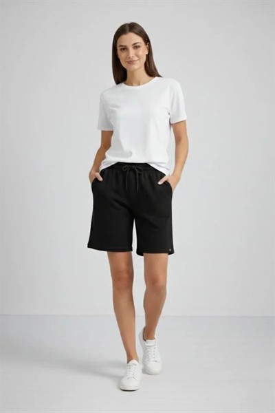 Dokuma Otoban Şort Beli Lastikli Bağcıklı, Cepli, Rahat Kesim Günlük Yazlık Şort - Siyah