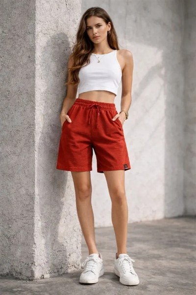 Dokuma Otoban Şort Beli Lastikli Bağcıklı, Cepli, Rahat Kesim Günlük Yazlık Şort - Turuncu