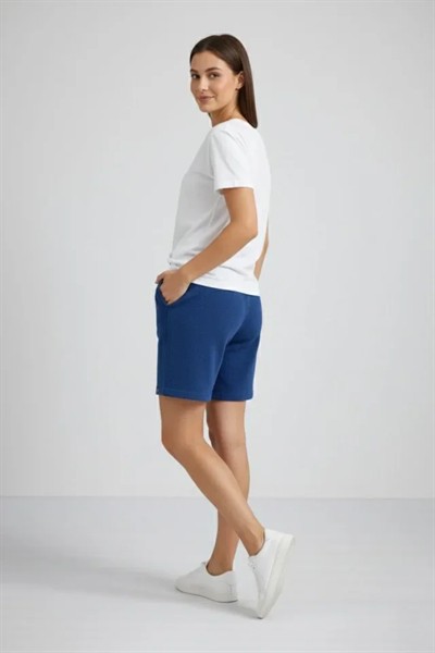 Dokuma Otoban Şort Beli Lastikli Bağcıklı, Cepli, Rahat Kesim Günlük Yazlık Şort - İndigo