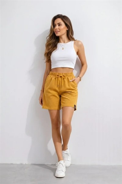 Dokuma Otoban Şort Beli Lastikli Bağcıklı, Cepli, Rahat Kesim Günlük Yazlık Şort - Hardal