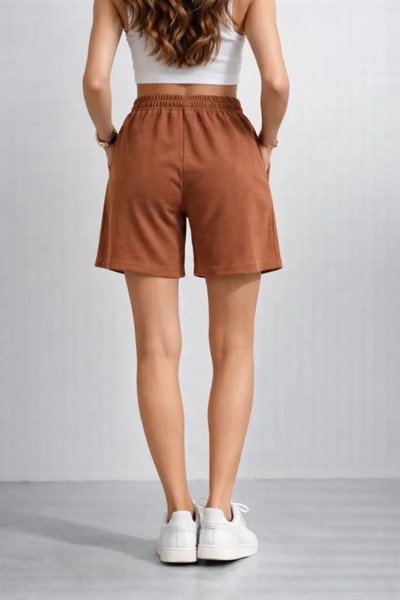 Dokuma Otoban Şort Beli Lastikli Bağcıklı, Cepli, Rahat Kesim Günlük Yazlık Şort - Kahverengi