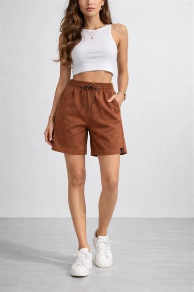 Dokuma Otoban Şort Beli Lastikli Bağcıklı, Cepli, Rahat Kesim Günlük Yazlık Şort - Kahverengi
