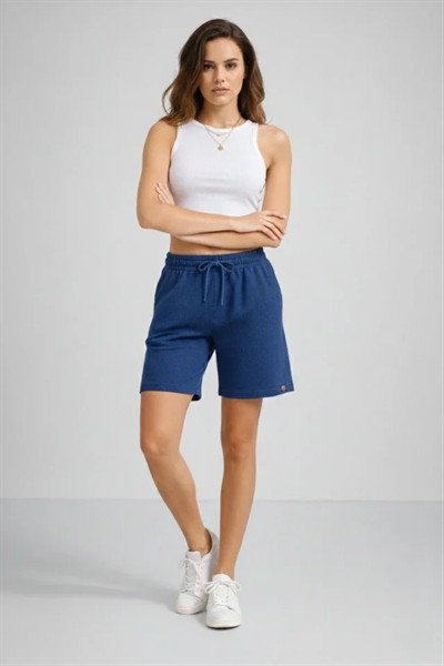 Dokuma Otoban Şort Beli Lastikli Bağcıklı, Cepli, Rahat Kesim Günlük Yazlık Şort - İndigo