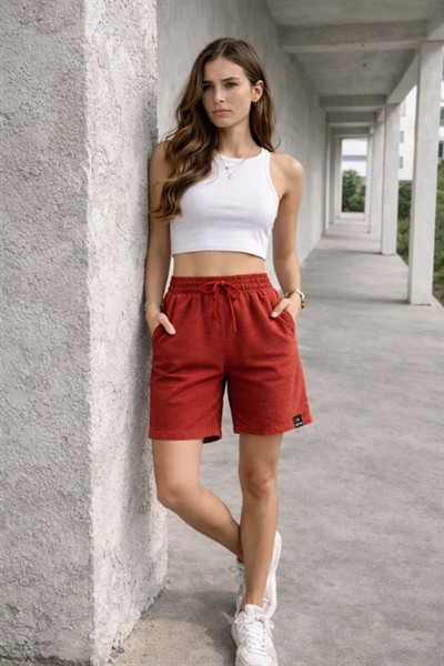 Dokuma Otoban Şort Beli Lastikli Bağcıklı, Cepli, Rahat Kesim Günlük Yazlık Şort - Turuncu