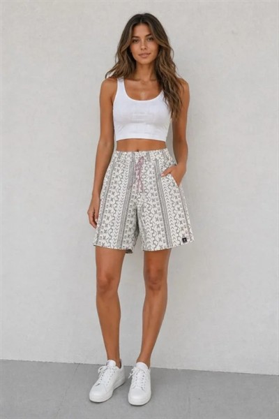 Dokuma Şort Etnik Desenli Lastikli Bağcıklı Bel Cepli Yazlık Rahat - Bej