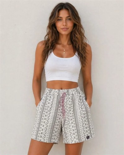 Dokuma Şort Etnik Desenli Lastikli Bağcıklı Bel Cepli Yazlık Rahat - Bej