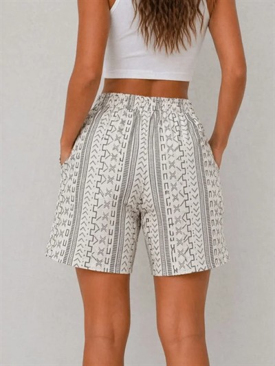 Dokuma Şort Etnik Desenli Lastikli Bağcıklı Bel Cepli Yazlık Rahat - Bej