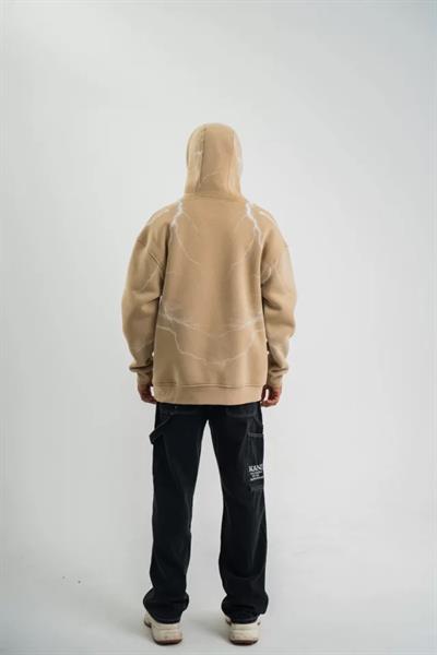 Double Oversize Kapşonlu Şimşek Pano Baskılı SweatShirt - Bej
