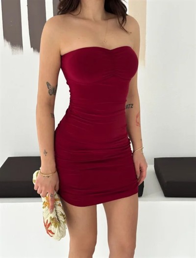 Drapeli Straplez Mini Elbise Esnek Kumaş Vücuda Oturan Gece Elbisesi - Bordo