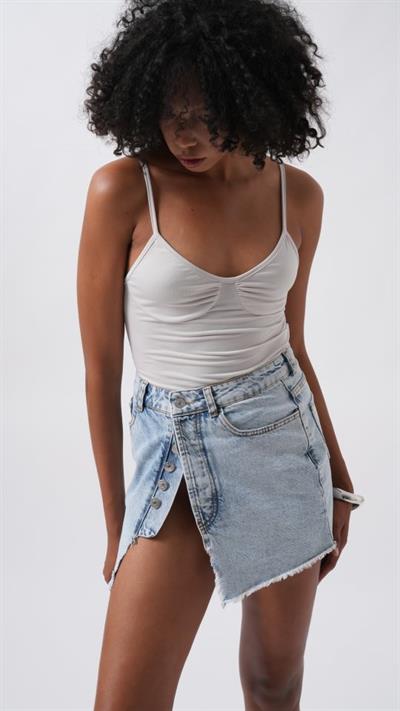 Düğme Detay Asimetrik Denim Etek