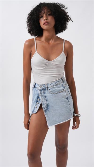 Düğme Detay Asimetrik Denim Etek