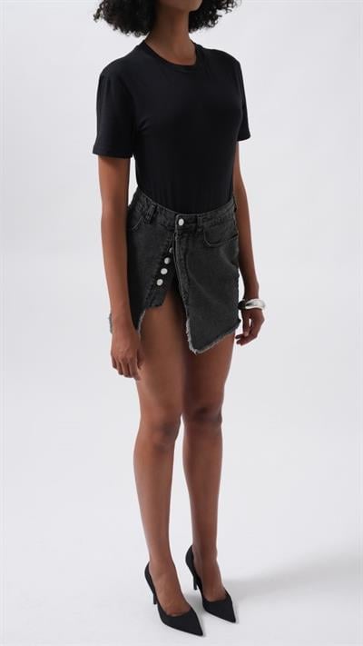 Düğme Detay Asimetrik Denim Etek