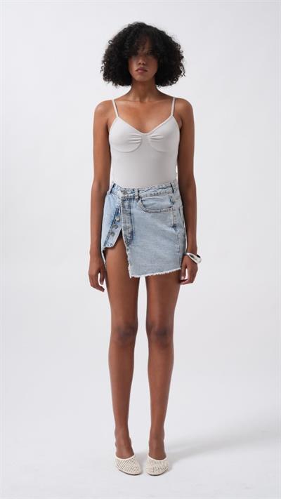 Düğme Detay Asimetrik Denim Etek