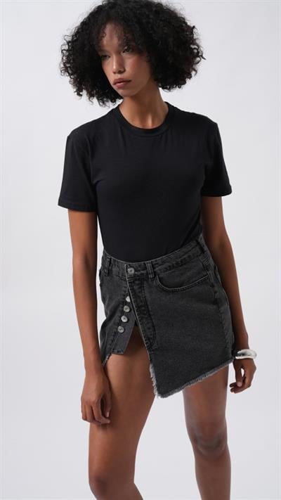 Düğme Detay Asimetrik Denim Etek