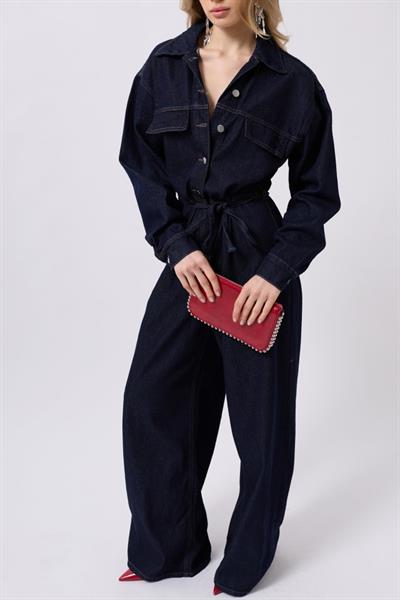 Düğme Detaylı Denim Tulum