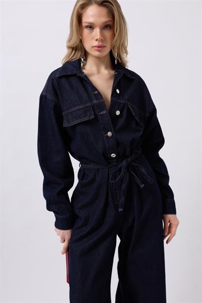 Düğme Detaylı Denim Tulum