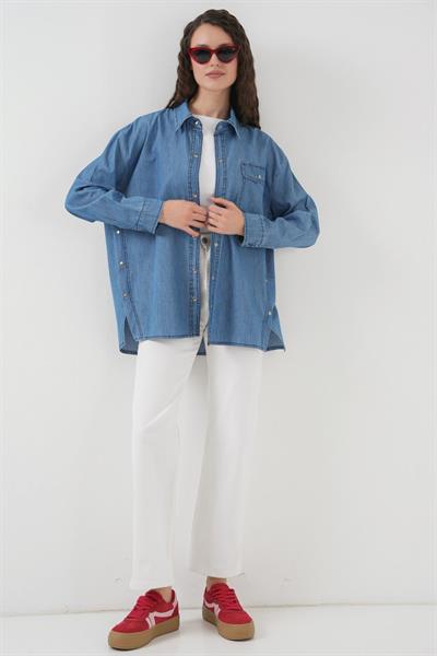 Düğme Detaylı Kot Gömlek 20299 - Mavi