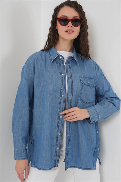Düğme Detaylı Kot Gömlek 20299 - Mavi