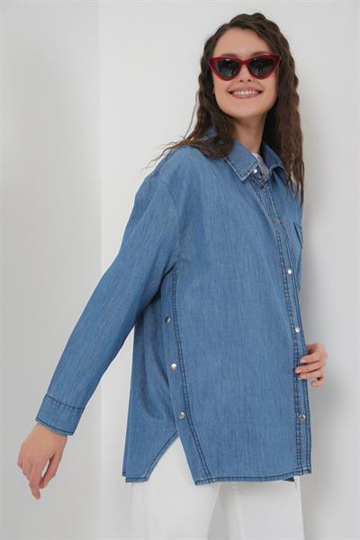 Düğme Detaylı Kot Gömlek 20299 - Mavi