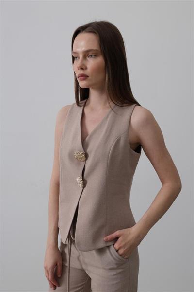 Düğme Detaylı Yelek - Vizon