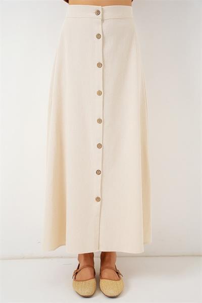 Düğmeli Keten Uzun Etek 8046 - Krem