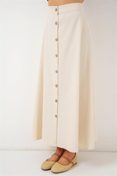 Düğmeli Keten Uzun Etek 8046 - Krem