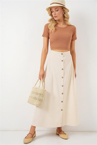 Düğmeli Keten Uzun Etek 8046 - Krem