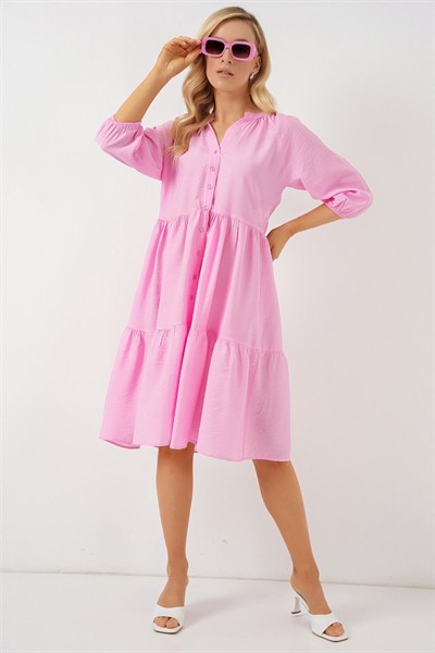 Düğmeli Kısa Kol Elbise 2559 - Pembe