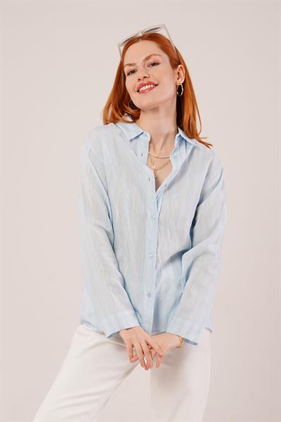 Düğmeli Ve Çizgi Detaylı Bebe Mavisi Gömlek