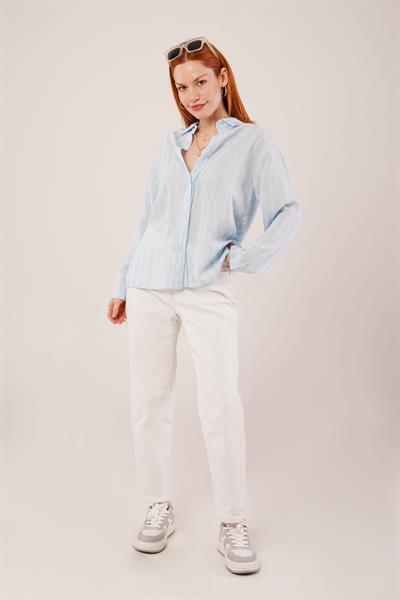 Düğmeli Ve Çizgi Detaylı Bebe Mavisi Gömlek