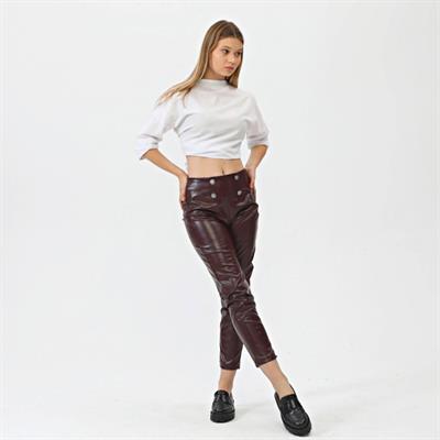 Düğmeli̇ Yan Fermuarli Deri̇ Pantolon