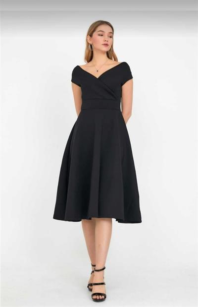 Düşük Omuz Eteği Pileli Krep Kumaş Midi Boy Elbise