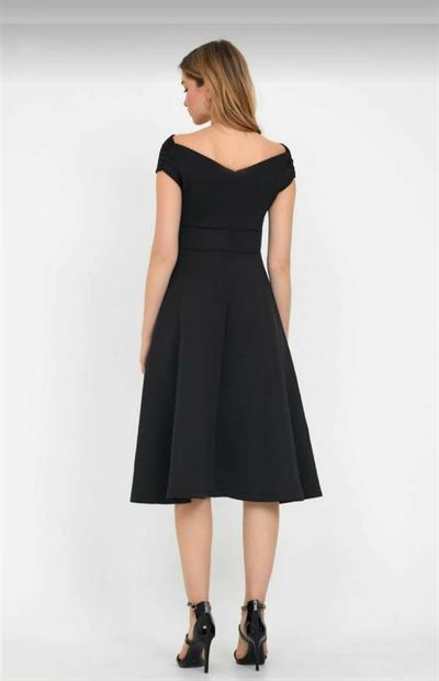 Düşük Omuz Eteği Pileli Krep Kumaş Midi Boy Elbise