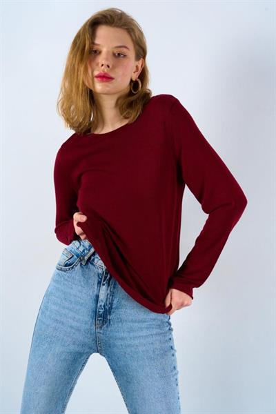 Düz Açık Yaka Kazak - Bordo