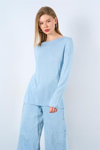 Düz Açık Yaka Kazak - Mavi