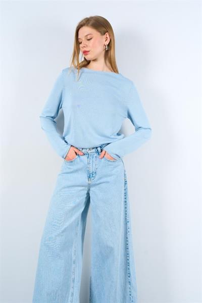 Düz Açık Yaka Kazak - Mavi