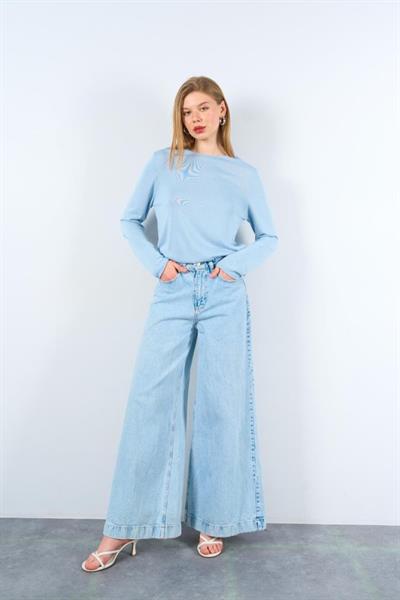 Düz Açık Yaka Kazak - Mavi