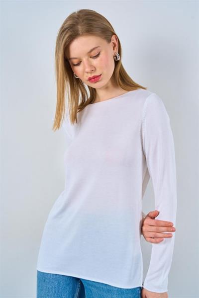 Düz Açık Yaka Kazak - Optik Beyaz