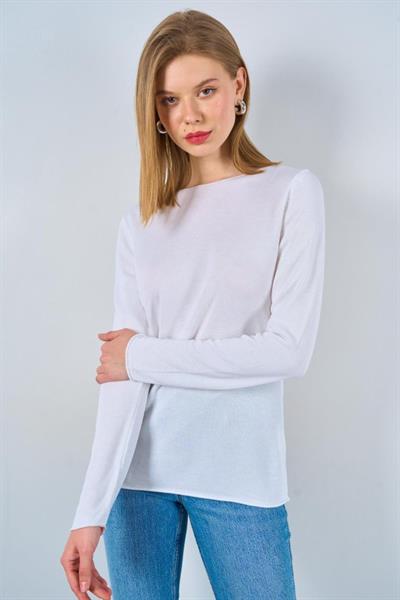 Düz Açık Yaka Kazak - Optik Beyaz