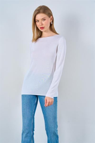 Düz Açık Yaka Kazak - Optik Beyaz