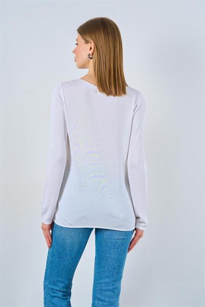 Düz Açık Yaka Kazak - Optik Beyaz